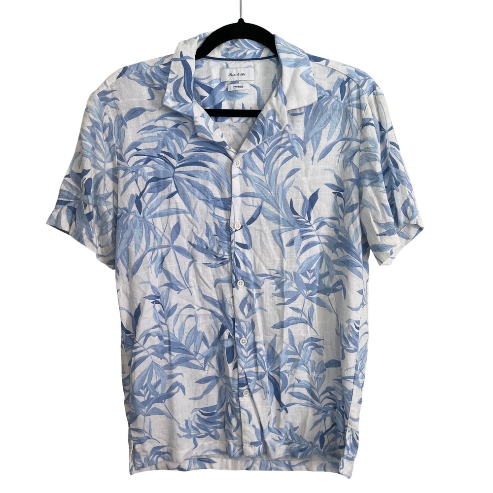 Porter & Ash Mens Blue White Tropical Palm Linen Blend Camp Shirt S